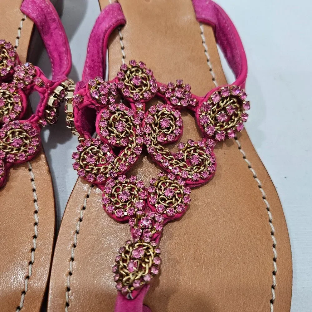Mystique Womens Leather Jewel Wedge Flip Flops Size 8 Pink Embellished Summer